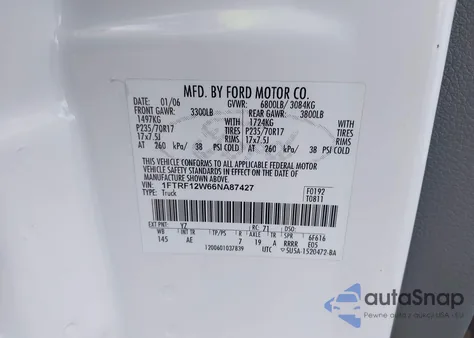 2006 Ford F-150 Stx/Xl/Xlt z USA, uszkodzony, nr VIN 1FTRF12W66NA87427